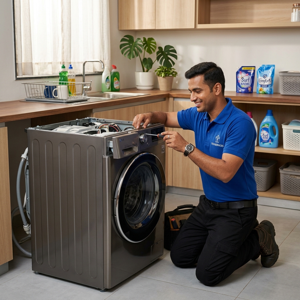 Professional technician repairing front load washing machine